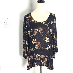 Masai Black, Tan & Gold Floral Top, Dotted Swiss, Longer on the Sides, Size XL